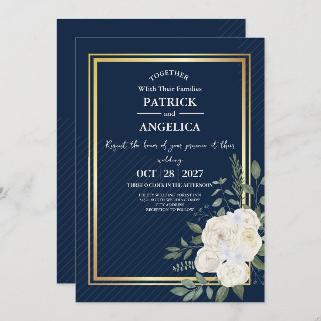 Modern Navy Blue Burgundy Gold Blush Pink Wedding Invitation (Front/Back)