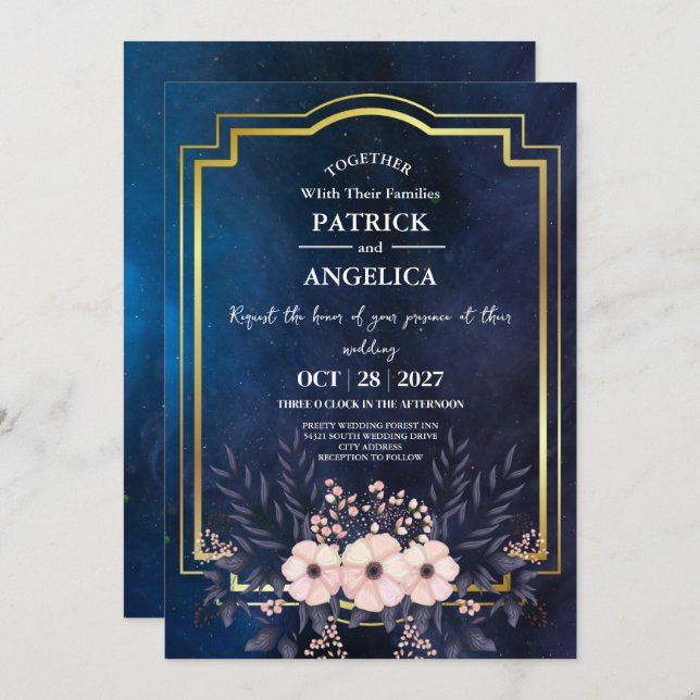 Modern Navy Blue Burgundy Gold Blush Pink Wedding Invitation (Front/Back)
