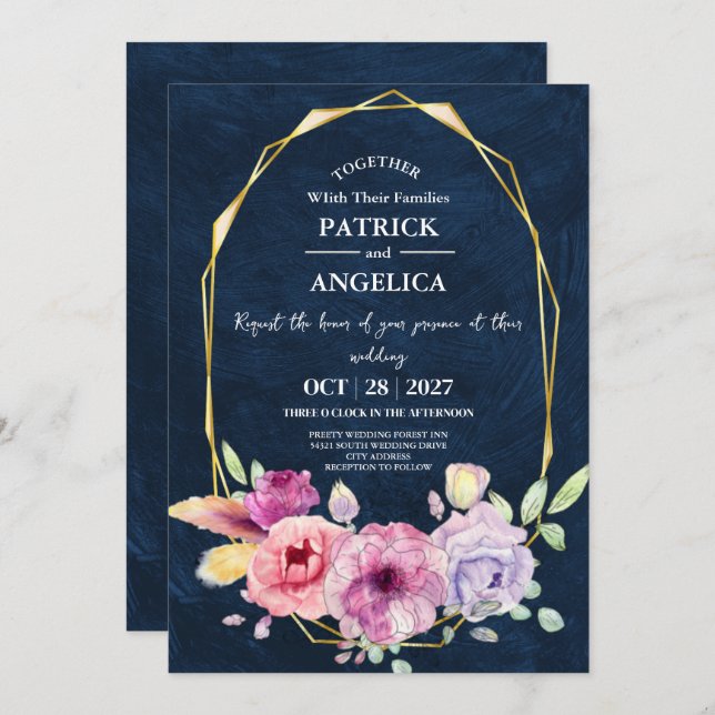 Modern Navy Blue Burgundy Gold Blush Pink Wedding Invitation (Front/Back)