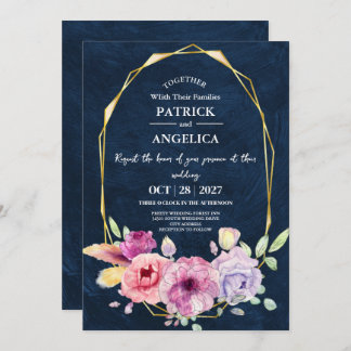 Modern Navy Blue Burgundy Gold Blush Pink Wedding Invitation