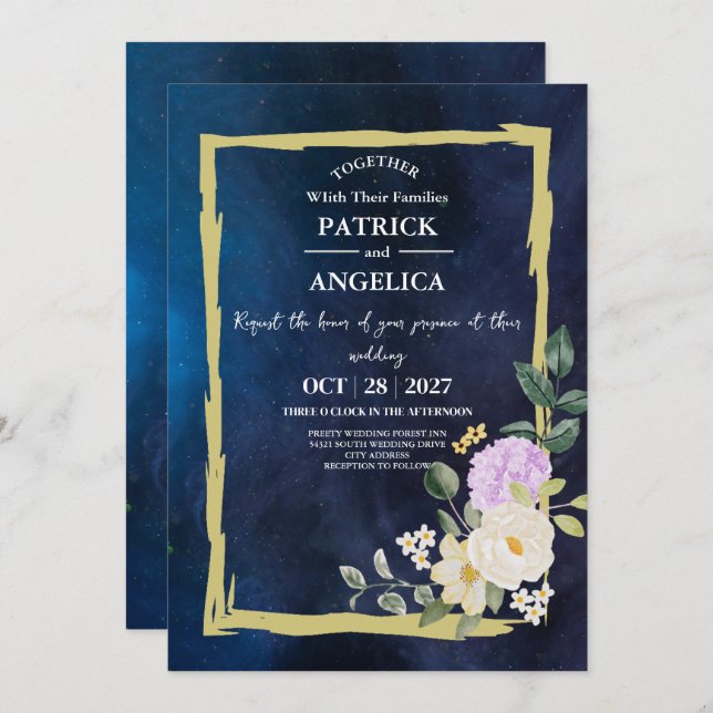 Modern Navy Blue Burgundy Gold Blush Pink Wedding Invitation (Front/Back)