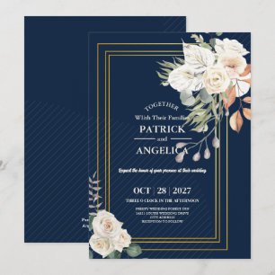 Modern Navy Blue Burgundy Gold Blush Pink Wedding Invitation