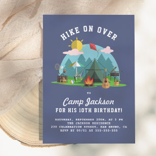 Modern Navy Blue Camping Birthday Party Invitation
