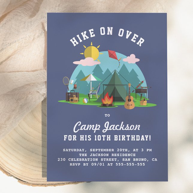 Modern Navy Blue Camping Birthday Party Invitation (Creator Uploaded)
