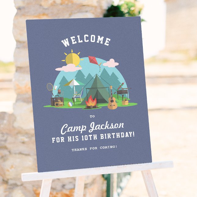 Modern Navy Blue Camping Birthday Party Welcome Poster (Creator Uploaded)