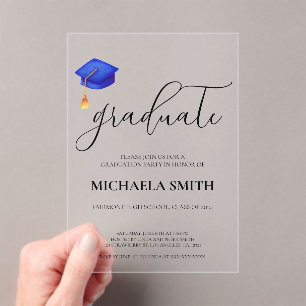 Modern Navy Blue Cap High School Graduation Party Acrylic Invitations