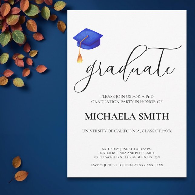 Modern Navy Blue Cap PhD Graduation Party  Invitation (Creator Uploaded)