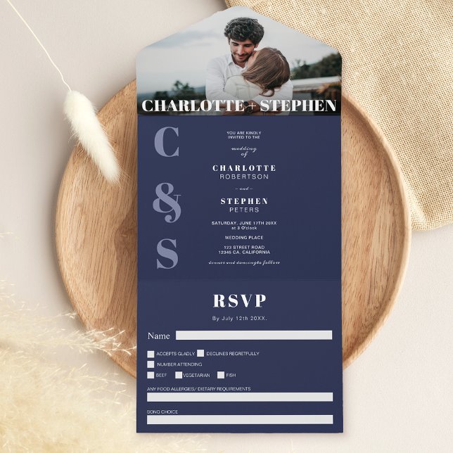 Modern navy blue casual initials photo wedding all in one invitation (Creator Uploaded)
