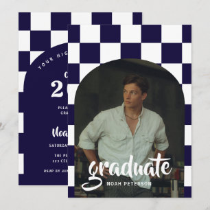 Modern Navy Blue Chequered Arch Photo Graduation Invitation