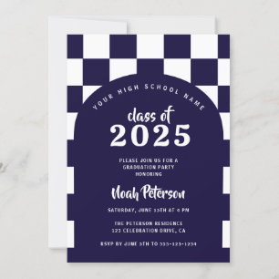 Modern Navy Blue Chequered Arch Photo Graduation Invitation