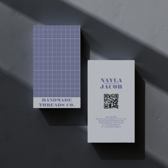 Modern Navy Blue Chequered Pattern QR Code  Business Card (Creator Uploaded)