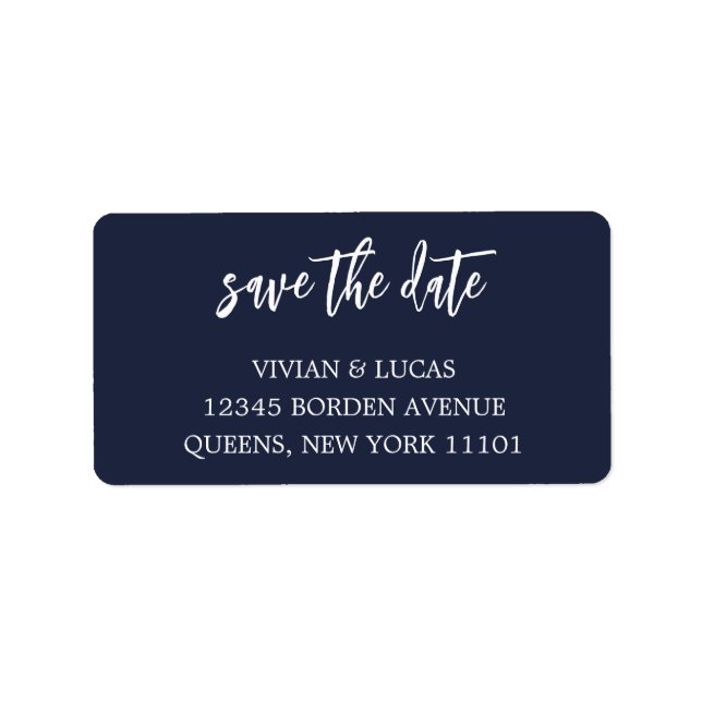 Modern Navy Blue Chic Script Save The Date Label (Front)