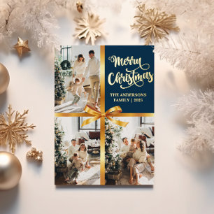 Modern Navy Blue Christmas Photo Card Gold Accents