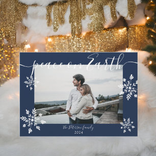 Modern navy blue Christmas script snowflakes photo Holiday Card