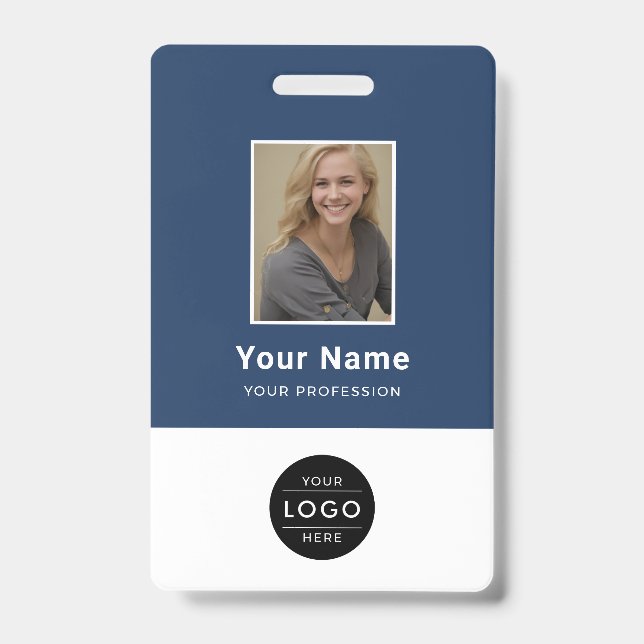 Modern Navy Blue Corporate Photo Logo Barcode ID Badge (Front)