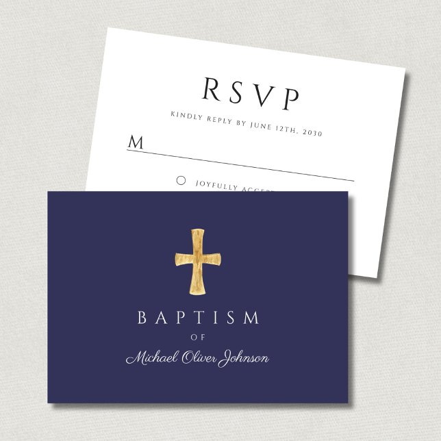 Modern Navy Blue Cross Boy Baptism  RSVP Card (Modern Navy Blue Cross Boy Baptism RSVP Card)
