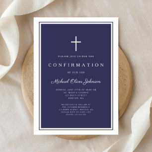 Modern Navy Blue Cross Boy Confirmation Invitation