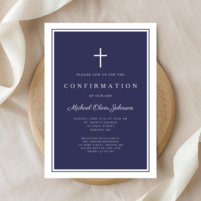 Modern Navy Blue Cross Boy Confirmation Invitation (Modern Navy Blue Cross Boy Confirmation Invitation)