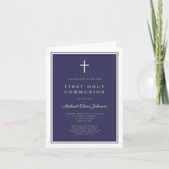 Modern Navy Blue Cross Boy First Holy Communion Invitation (Front)