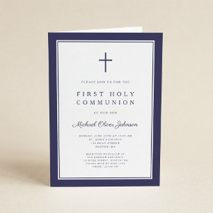 Modern Navy Blue Cross Boy First Holy Communion Invitation