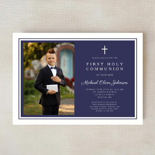 Modern Navy Blue Cross Boy Photo First Communion Invitation