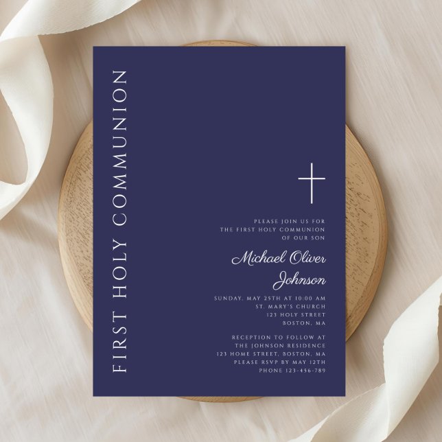 Modern Navy Blue Cross First Communion Invitation (Modern Navy Blue Cross First Communion Invitation)