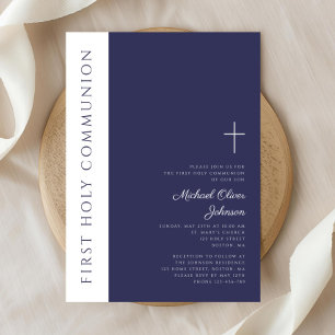 Modern Navy Blue Cross First Holy Communion Invitation