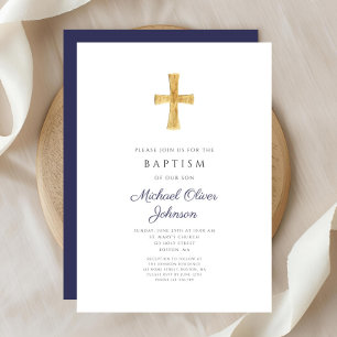 Modern Navy Blue Cross Religious Boy Baptism Invitation