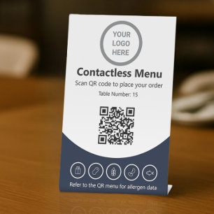 Modern Navy Blue Custom Logo Contactless Menu OCR Pedestal Sign