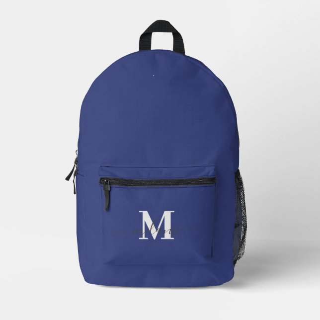 Modern Navy Blue Custom Monogram Name Printed Backpack (Front)