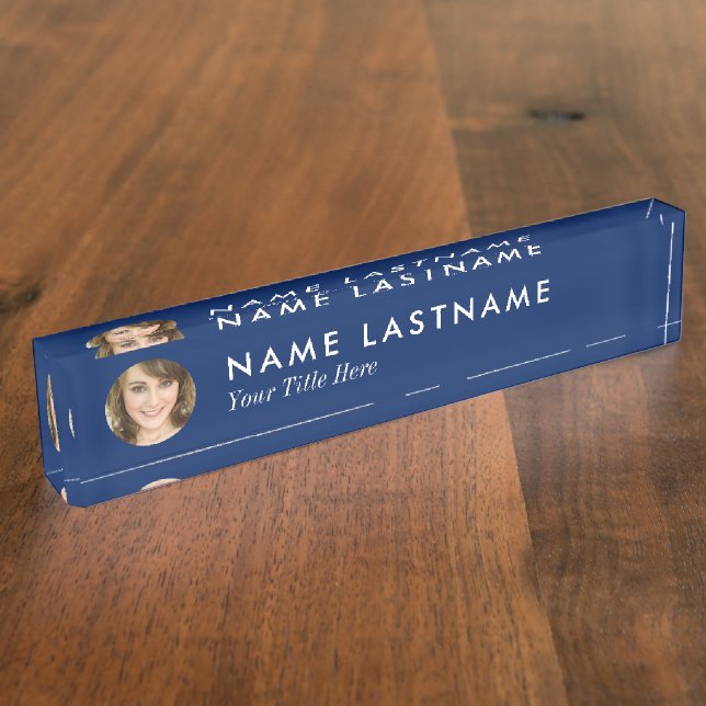 Modern Navy Blue Custom Photo Modern Minimalist Nameplate (Side)