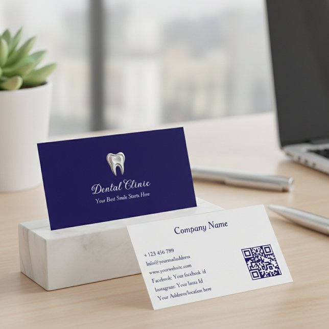 Modern Navy Blue Dental Clinic QR Code Dentist Business Card (Creator Uploaded)