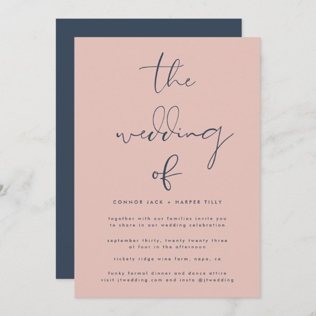 Modern  Navy Blue Dusty Rose Wedding Invitation (Front/Back)