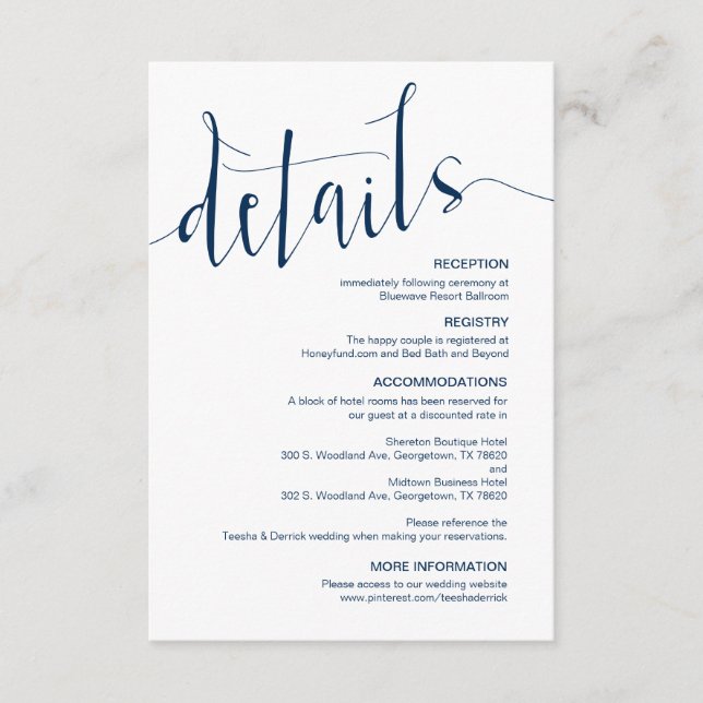 Modern Navy Blue, Editable Wedding Details Enclosure Card (Front)