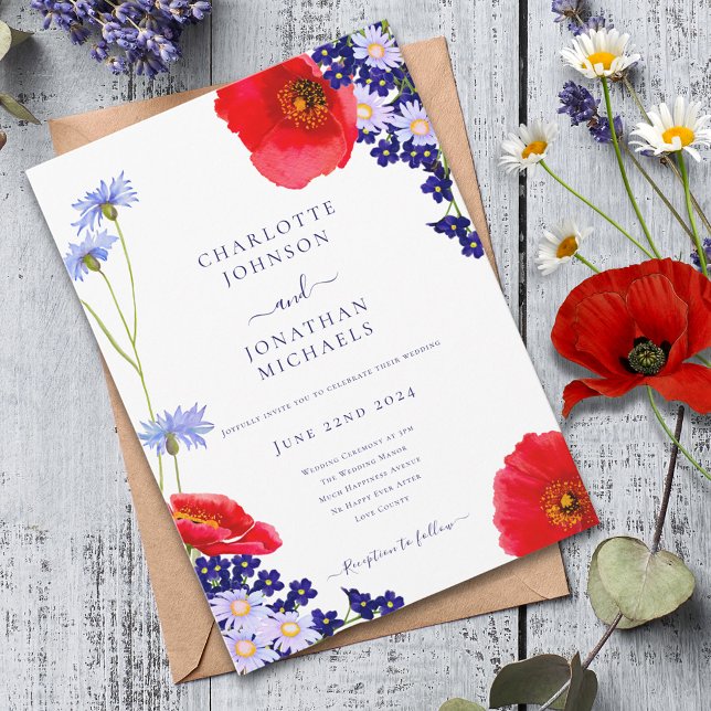 Modern Navy Blue Elegant Summer Floral Wedding Invitation (Modern wildflower floral navy blue and red wedding invitation )