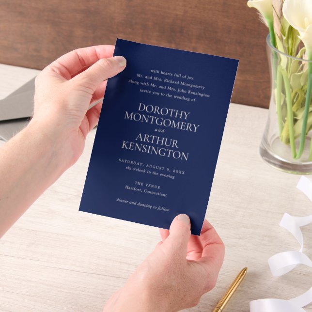 Modern Navy Blue Elegant Wedding Vellum Invitations (Handheld)