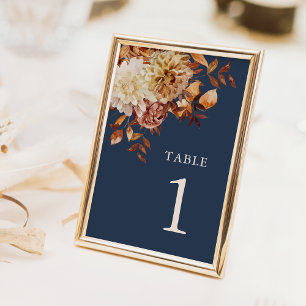 Modern Navy Blue Fall Wedding Table Number