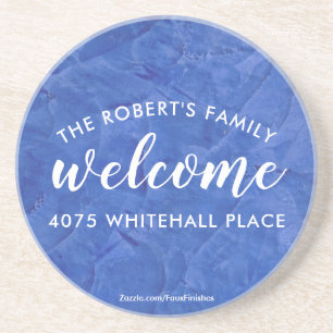 Modern Navy Blue Family Name Welcome Coaster