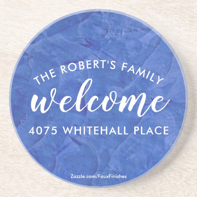 Modern Navy Blue Family Name Welcome Coaster (Front)