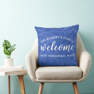 Modern Navy Blue Family Name Welcome Cushion