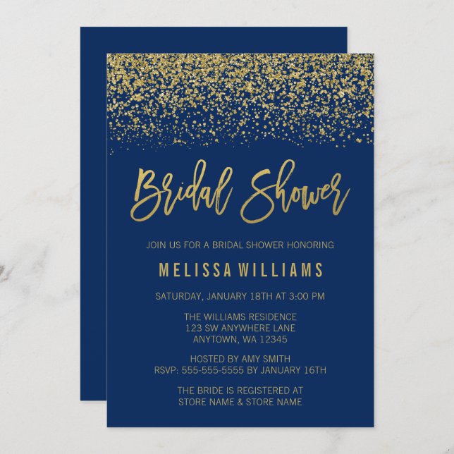 Modern Navy Blue Faux Gold Glitter Bridal Shower Invitation (Front/Back)