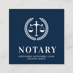 Modern Navy Blue Feather Quill Nib Public Notary Square Business Card