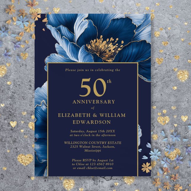 Modern Navy Blue Floral Elegant 50th Anniversary Invitation (Modern Navy Blue Floral Elegant 50th Anniversary Invitation)