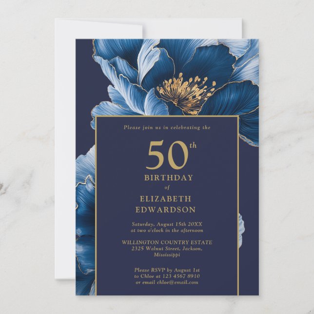 Modern Navy Blue Floral Elegant Birthday Invitation (Front)