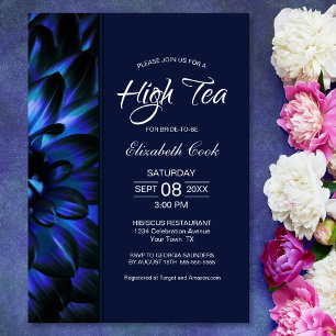 Modern Navy Blue Floral High Tea Bridal Shower Invitation