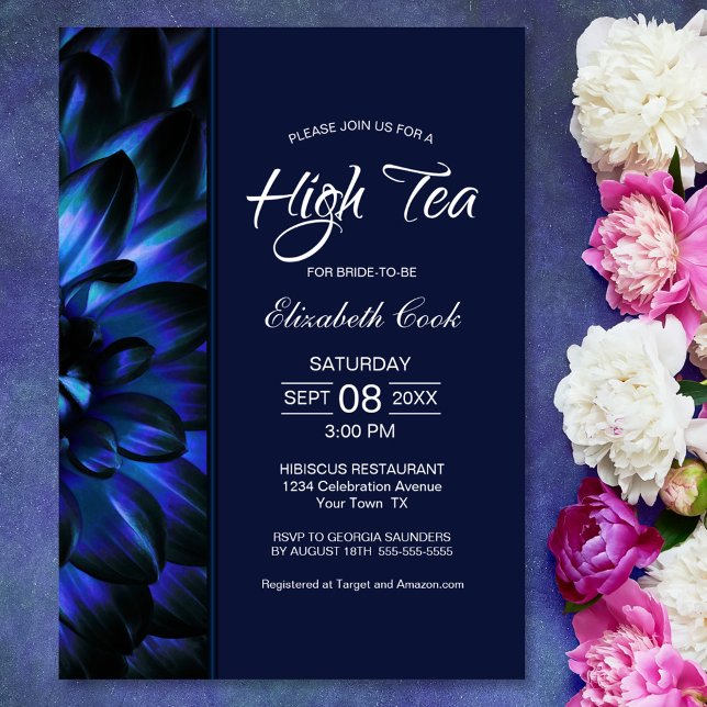 Modern Navy Blue Floral High Tea Bridal Shower Invitation (Creator Uploaded)
