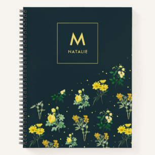 Modern Navy Blue Floral Pattern Monogram Notebook