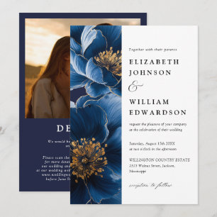Modern Navy Blue Floral Photo QR Code Wedding Invitation