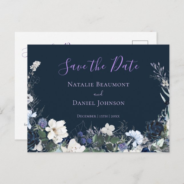 Modern Navy Blue Floral Save the Date Announcement Postcard (Front/Back)