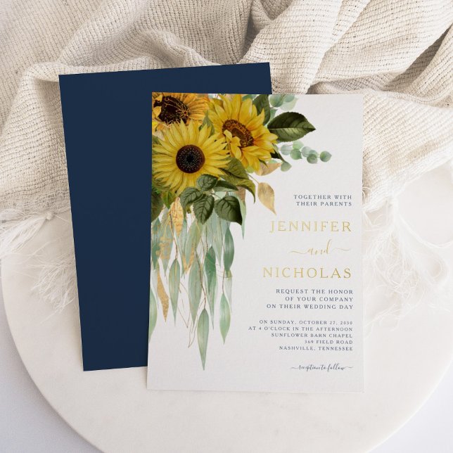 Modern Navy Blue Floral Sunflower Wedding Gold  (Modern Navy Blue Floral Sunflower Wedding Gold Foil Invitation)